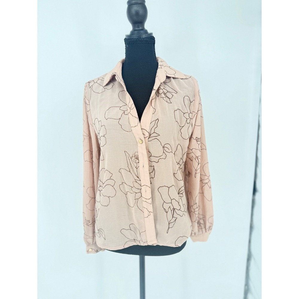 Milk & Honey Luxe Peach Floral Long Sleeve Button Down Blouse Boho Semi Sheer